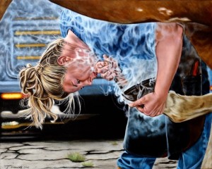 Oil/acrylic Choice (in memory of Rosemarie Crosswell) “By the Light of the Dodge” by Janice Innocente